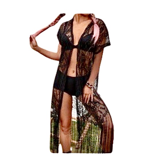 Black Lace Fringe Kimono coverup Small - Picture 2 of 6